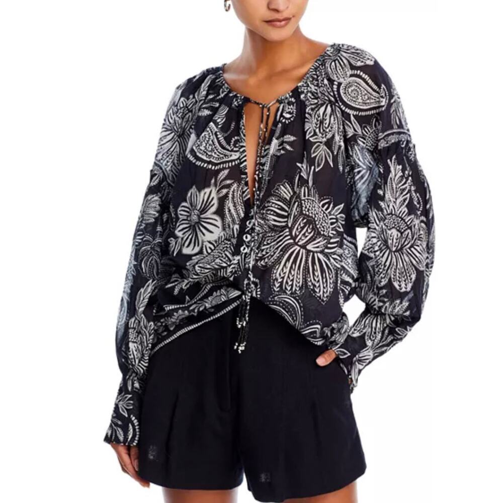 FARM Rio Black & White Floral Paisley Tie-Front Blouse
